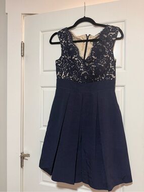 White House Black Market Navy Lace V-Neck Midi Dress